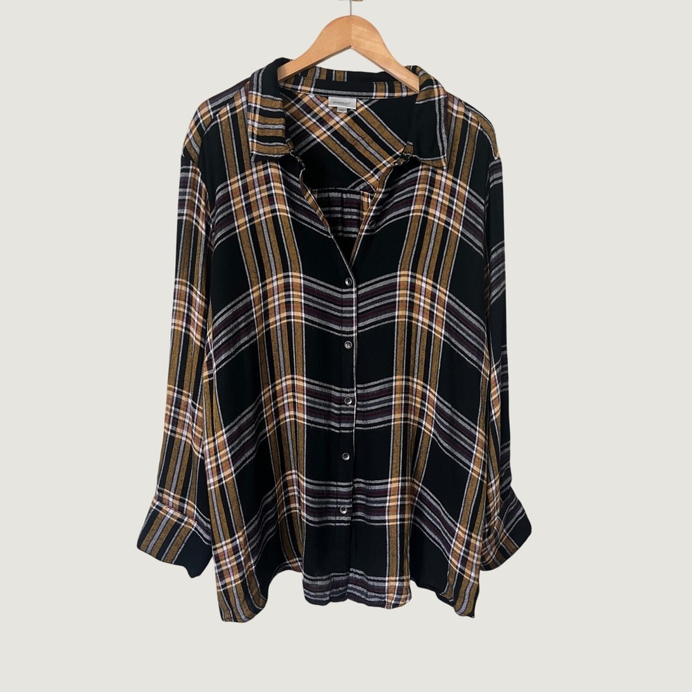 Avenue Womens 3X Plaid Button Down Shirt Black Mustard Yellow Viscose Blouse